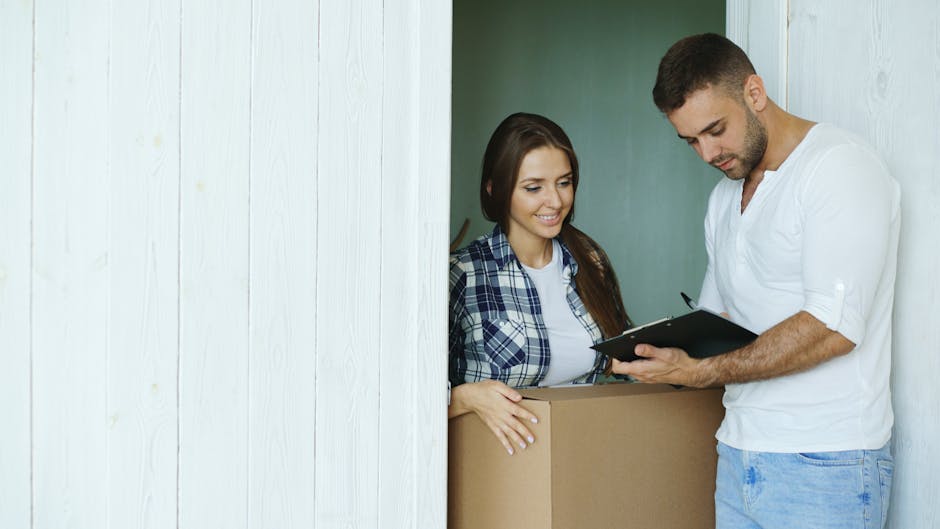 A person wearing protective overalls, a headband, and safety shoes standing inside a room with a textured light blue wall and wooden flooring, surrounded by packed cardboard boxes of various sizes. The individual is holding a clipboard and pen, possibly recording inventory or preparing for a home relocation. Several boxes are stacked on the floor, including one labeled 'GLASS,' indicating fragile items, and others with printed barcodes and shipping labels. To the left, a large potted plant with broad green leaves is positioned on a white shelf, adding a touch of greenery to the space. The scene captures the interior of a property during packing or moving preparations, highlighting careful organisation and handling typical of professional removals, as provided by Removals Kingston upon Thames, serving customer needs in house removals and furniture transport.